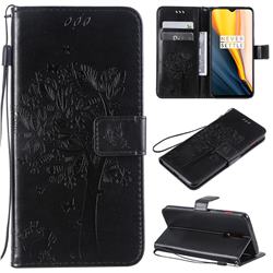 Embossing Butterfly Tree Leather Wallet Case for OnePlus 6T - Black