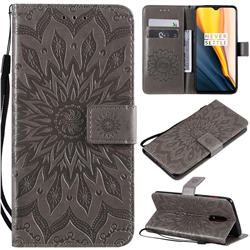 Embossing Sunflower Leather Wallet Case for OnePlus 6T - Gray