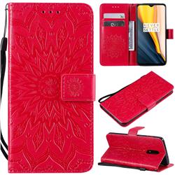 Embossing Sunflower Leather Wallet Case for OnePlus 6T - Red