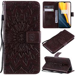 Embossing Sunflower Leather Wallet Case for OnePlus 6T - Brown