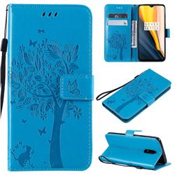 Embossing Butterfly Tree Leather Wallet Case for OnePlus 7 - Blue