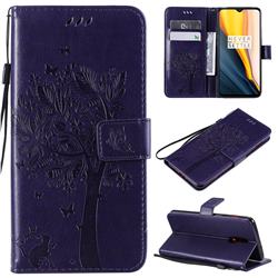Embossing Butterfly Tree Leather Wallet Case for OnePlus 7 - Purple