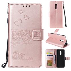 Embossing Owl Couple Flower Leather Wallet Case for OnePlus 7 - Rose Gold