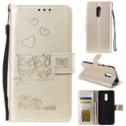 Embossing Owl Couple Flower Leather Wallet Case for OnePlus 7 - Golden