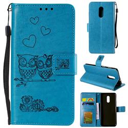 Embossing Owl Couple Flower Leather Wallet Case for OnePlus 7 - Blue