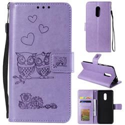 Embossing Owl Couple Flower Leather Wallet Case for OnePlus 7 - Purple