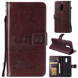 Embossing Owl Couple Flower Leather Wallet Case for OnePlus 7 - Brown