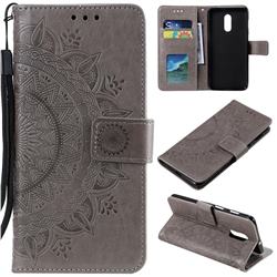 Intricate Embossing Datura Leather Wallet Case for OnePlus 7 - Gray
