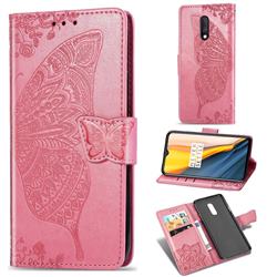 Embossing Mandala Flower Butterfly Leather Wallet Case for OnePlus 7 - Pink