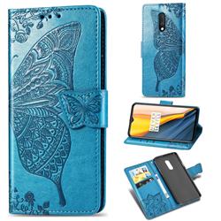 Embossing Mandala Flower Butterfly Leather Wallet Case for OnePlus 7 - Blue