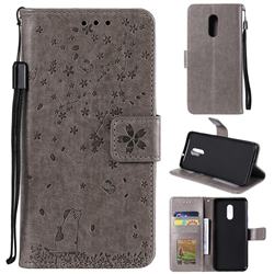 Embossing Cherry Blossom Cat Leather Wallet Case for OnePlus 7 - Gray