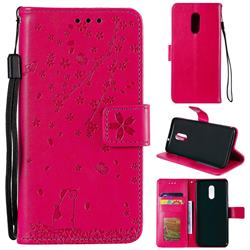 Embossing Cherry Blossom Cat Leather Wallet Case for OnePlus 7 - Rose