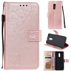 Embossing Cherry Blossom Cat Leather Wallet Case for OnePlus 7 - Rose Gold