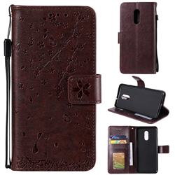 Embossing Cherry Blossom Cat Leather Wallet Case for OnePlus 7 - Brown