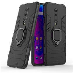 Black Panther Armor Metal Ring Grip Shockproof Dual Layer Rugged Hard Cover for OnePlus 7 Pro - Black