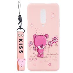 Pink Flower Bear Soft Kiss Candy Hand Strap Silicone Case for OnePlus 7 Pro