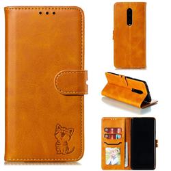 Embossing Happy Cat Leather Wallet Case for OnePlus 7 Pro - Yellow
