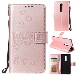 Embossing Owl Couple Flower Leather Wallet Case for OnePlus 7 Pro - Rose Gold