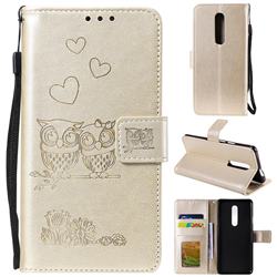 Embossing Owl Couple Flower Leather Wallet Case for OnePlus 7 Pro - Golden