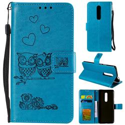 Embossing Owl Couple Flower Leather Wallet Case for OnePlus 7 Pro - Blue