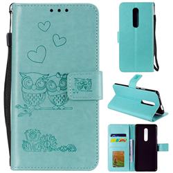 Embossing Owl Couple Flower Leather Wallet Case for OnePlus 7 Pro - Green