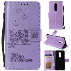 Embossing Owl Couple Flower Leather Wallet Case for OnePlus 7 Pro - Purple