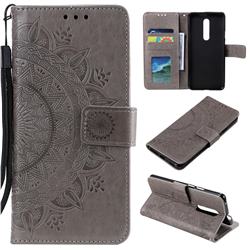 Intricate Embossing Datura Leather Wallet Case for OnePlus 7 Pro - Gray