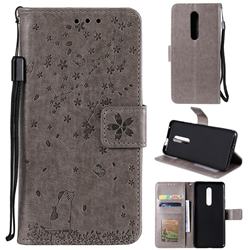 Embossing Cherry Blossom Cat Leather Wallet Case for OnePlus 7 Pro - Gray