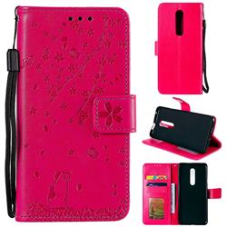 Embossing Cherry Blossom Cat Leather Wallet Case for OnePlus 7 Pro - Rose