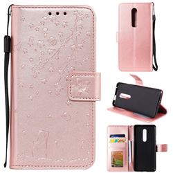 Embossing Cherry Blossom Cat Leather Wallet Case for OnePlus 7 Pro - Rose Gold