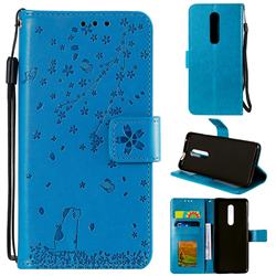 Embossing Cherry Blossom Cat Leather Wallet Case for OnePlus 7 Pro - Blue