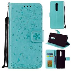 Embossing Cherry Blossom Cat Leather Wallet Case for OnePlus 7 Pro - Green