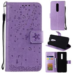 Embossing Cherry Blossom Cat Leather Wallet Case for OnePlus 7 Pro - Purple