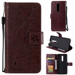 Embossing Cherry Blossom Cat Leather Wallet Case for OnePlus 7 Pro - Brown