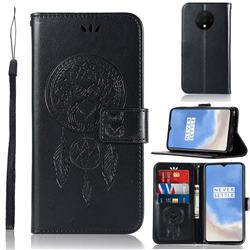 Intricate Embossing Owl Campanula Leather Wallet Case for OnePlus 7T - Black