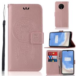 Intricate Embossing Owl Campanula Leather Wallet Case for OnePlus 7T - Rose Gold