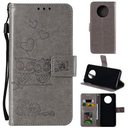 Embossing Owl Couple Flower Leather Wallet Case for OnePlus 7T - Gray