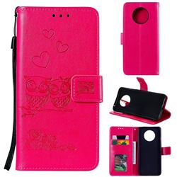 Embossing Owl Couple Flower Leather Wallet Case for OnePlus 7T - Red