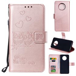 Embossing Owl Couple Flower Leather Wallet Case for OnePlus 7T - Rose Gold