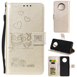 Embossing Owl Couple Flower Leather Wallet Case for OnePlus 7T - Golden