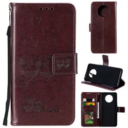 Embossing Owl Couple Flower Leather Wallet Case for OnePlus 7T - Brown