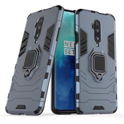 Black Panther Armor Metal Ring Grip Shockproof Dual Layer Rugged Hard Cover for OnePlus 7T Pro - Blue