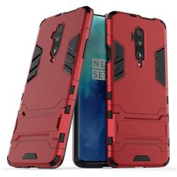Armor Premium Tactical Grip Kickstand Shockproof Dual Layer Rugged Hard Cover for OnePlus 7T Pro - Wine Red