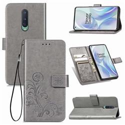 Embossing Imprint Four-Leaf Clover Leather Wallet Case for OnePlus 8 - Grey