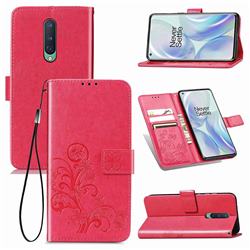 Embossing Imprint Four-Leaf Clover Leather Wallet Case for OnePlus 8 - Rose Red