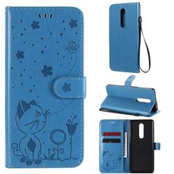 Embossing Bee and Cat Leather Wallet Case for OnePlus 8 - Blue