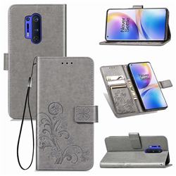 Embossing Imprint Four-Leaf Clover Leather Wallet Case for OnePlus 8 Pro - Grey