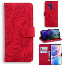 Intricate Embossing Tiger Face Leather Wallet Case for OnePlus 8 Pro - Red