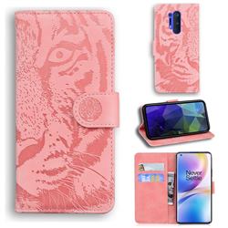 Intricate Embossing Tiger Face Leather Wallet Case for OnePlus 8 Pro - Pink