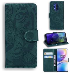 Intricate Embossing Tiger Face Leather Wallet Case for OnePlus 8 Pro - Green